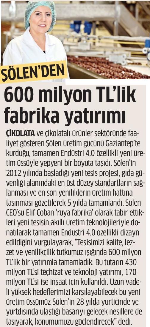 600 milyon TL'lik fabrika yatırımı